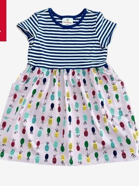 Hanna Andersson: Mixie Playdress Striped Navy & Pineapple Print Cotton: Size 6-7